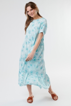 womens blue and green drop shoulder tiered modest dress
